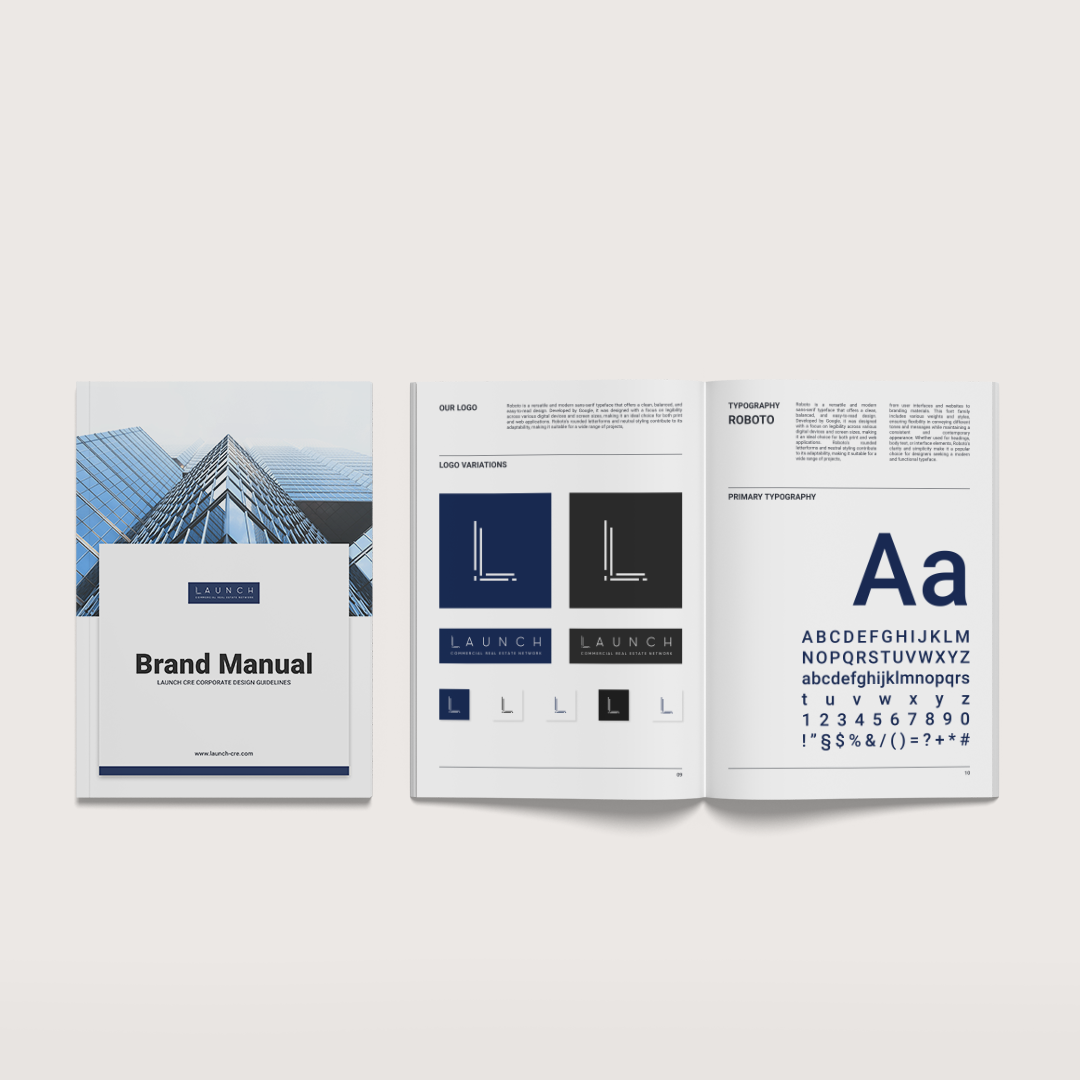 Brand manual with logo variations and typography examples, in blue and black.