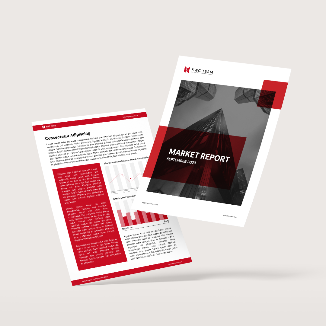 Two documents with red and white design elements and text, appear to float. One reads 