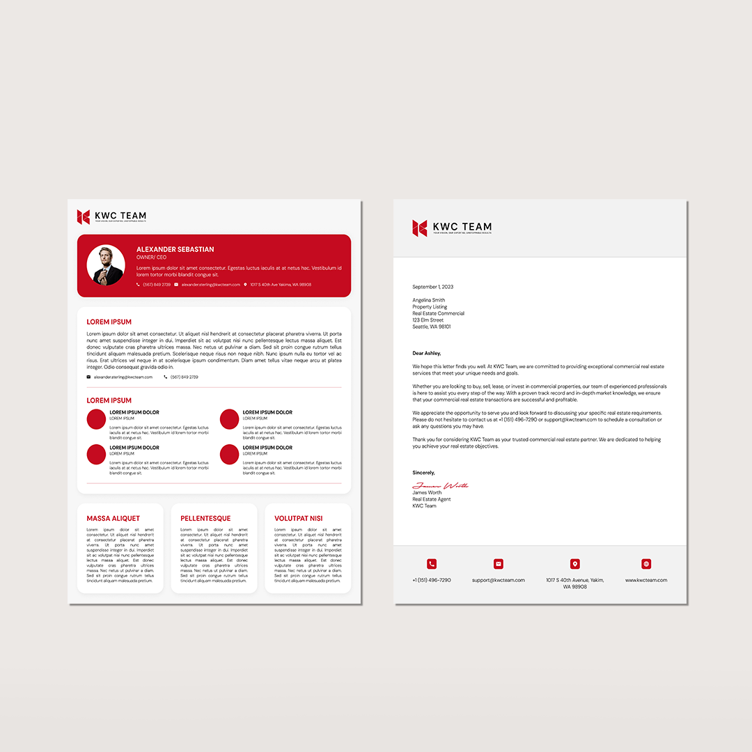 Two-page document with a red and white design. The first has a headshot, and the second is a letter.