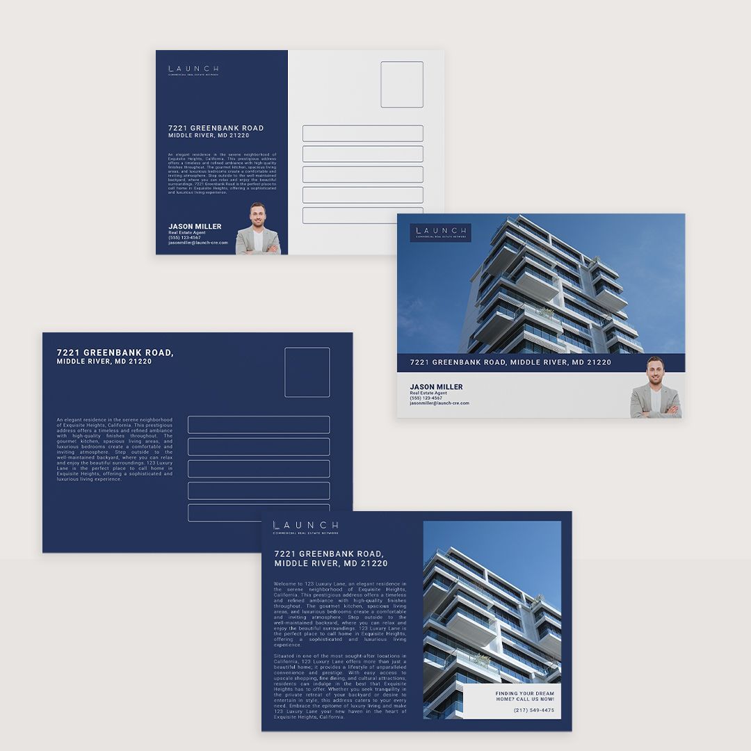 Real estate postcards with blue accents showcasing a modern building and a professional.