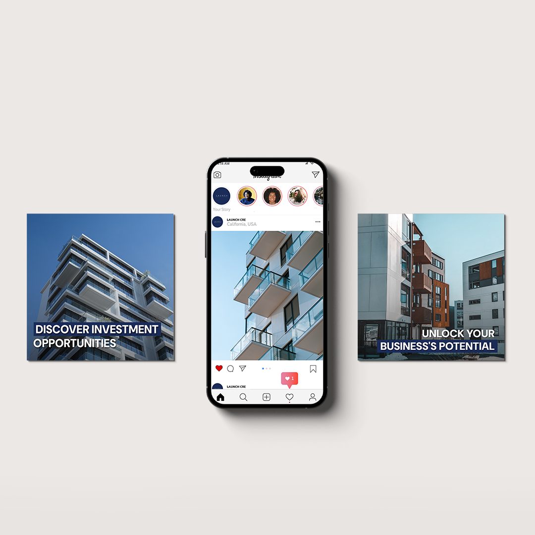 Smartphone with Instagram interface, flanked by building photos with promotional text 