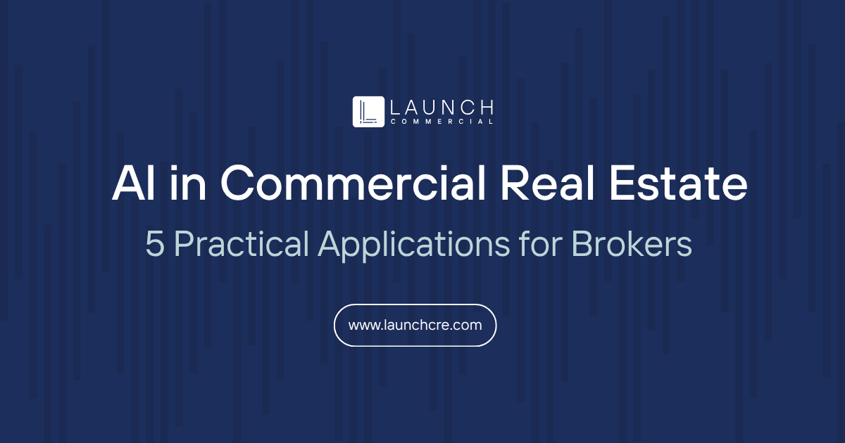 Title slide on dark blue: “AI in Commercial Real Estate” with subtitle “5 Practical Applications for Brokers.”