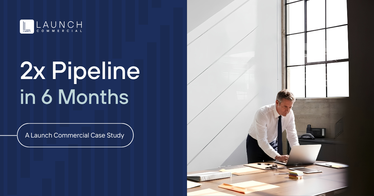 Launch promo: “2x Pipeline in 6 Months” beside a person working at a laptop by a bright window