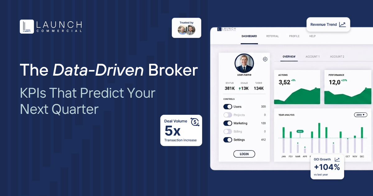 Dark blue broker marketing banner with dashboard analytics and text: “The Data-Driven Broker”