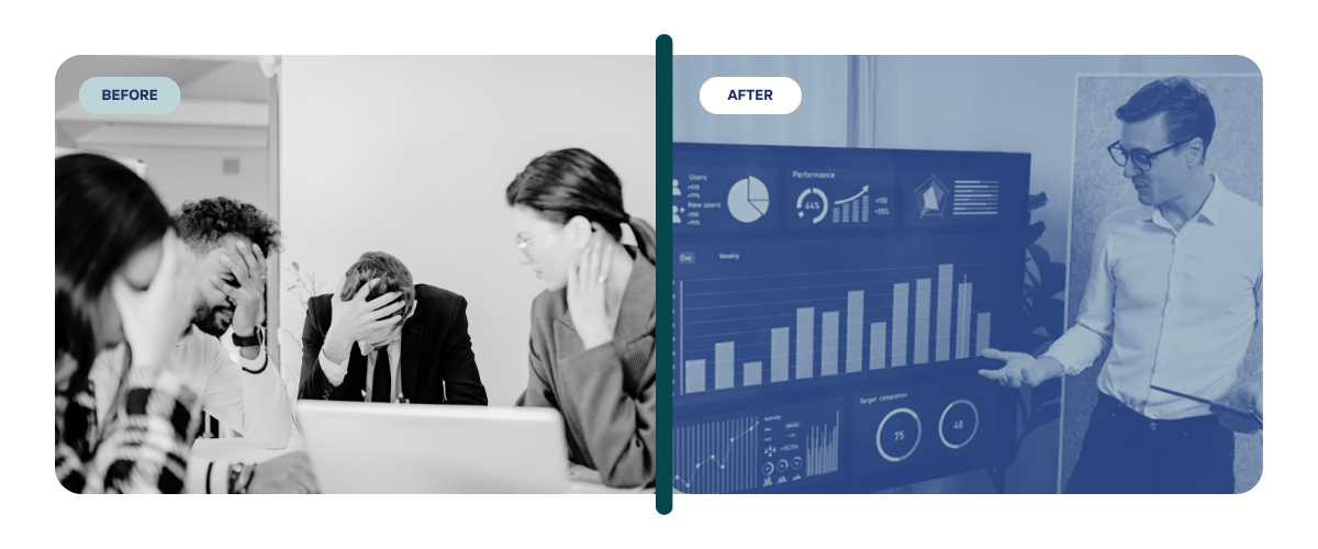 Split-screen office scenes: grayscale team meeting on left, blue analytics presentation on right.