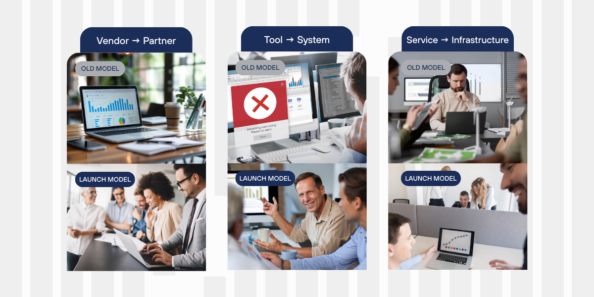 Business productivity collage with office workers, laptops, and charts in blue and white panels