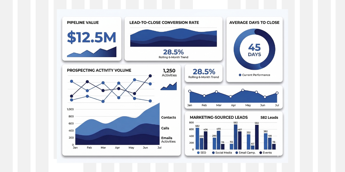 Blue analytics dashboard with line, area, bar, and donut charts showing $12.5M and 4.8 days metrics