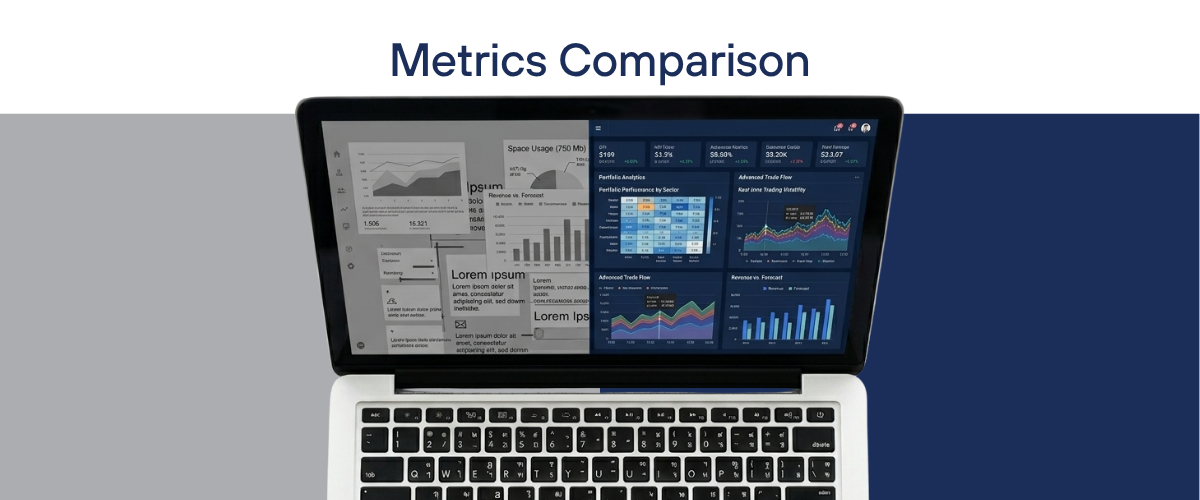 Laptop screen showing a metrics comparison dashboard with charts and graphs