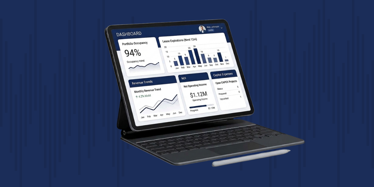 Laptop displaying a financial analytics dashboard on a blue background