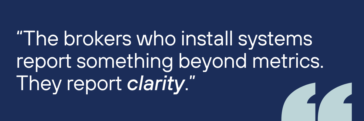 Quote on blue background: “The brokers who install systems report clarity.”
