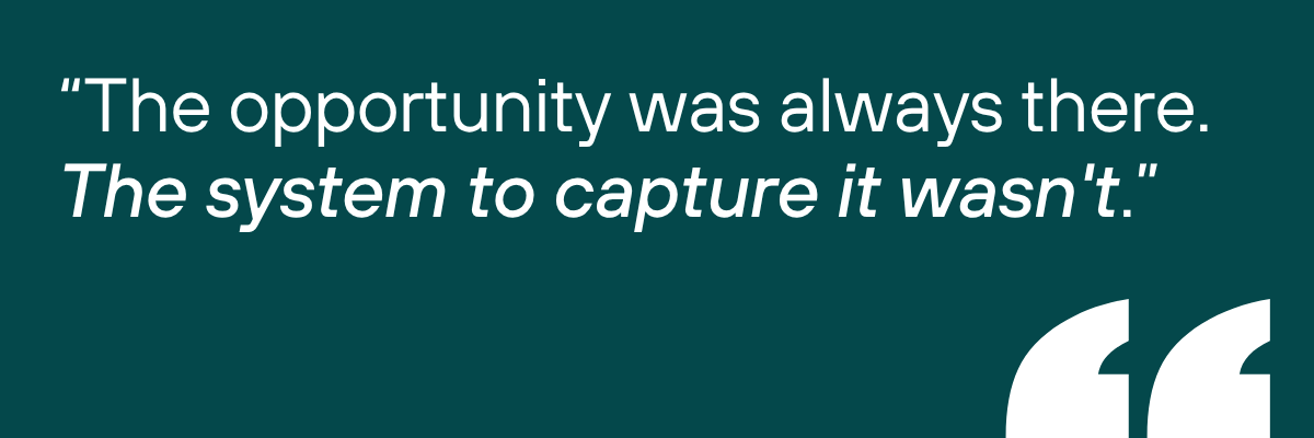 Quote on teal background: “The opportunity was always there. The system to capture it wasn’t.”