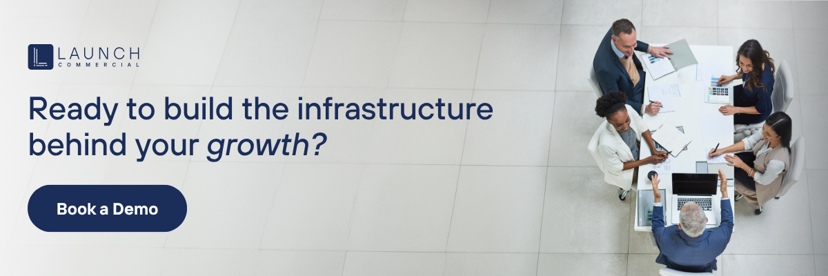 Website banner with team collaborating around a desk and text, “Ready to build the infrastructure behind your growth?”