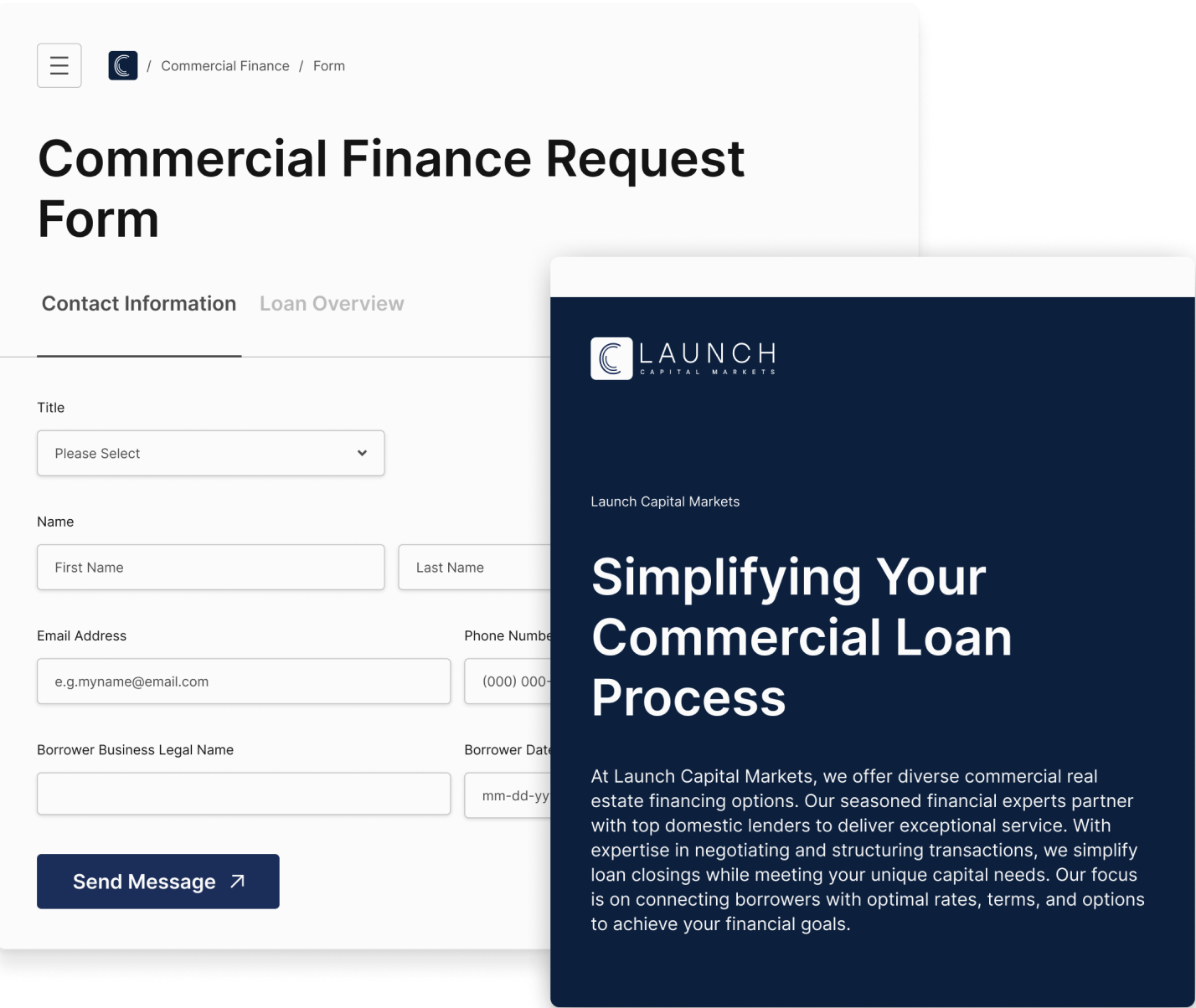 Commercial Finance Request Form with a dark blue and white marketing page from Launch.