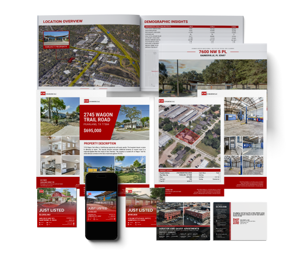 Real estate marketing materials, including brochures, phone display, and business cards in red and white.