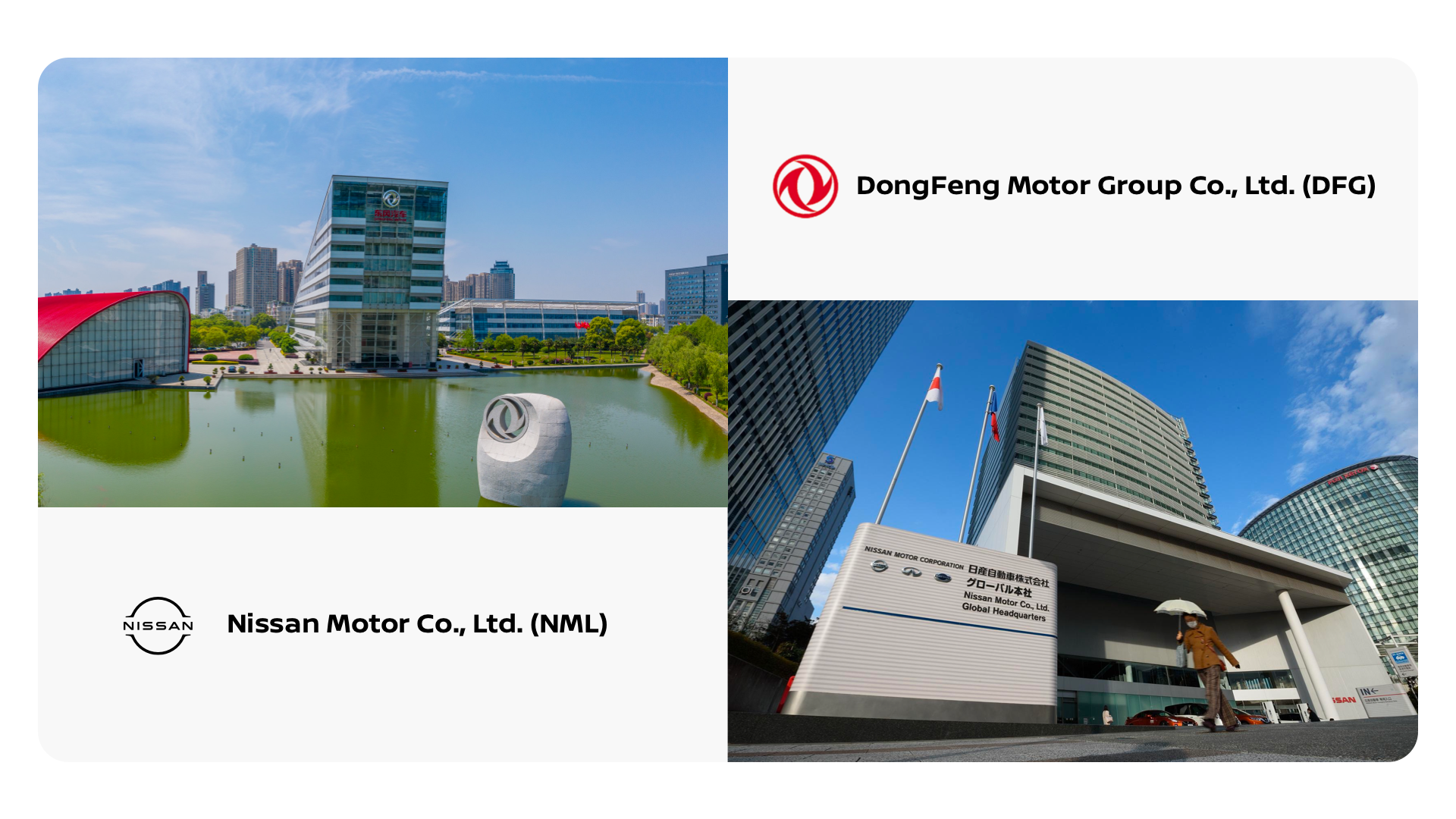 Two company logos: Nissan Motor Co. Ltd. (left) and Dongfeng Motor Group Co., Ltd. (right) with associated buildings.