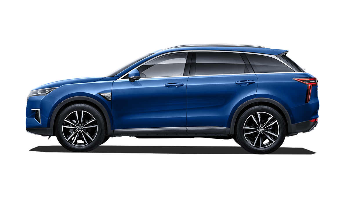 Blue SUV car with black wheels, parked.