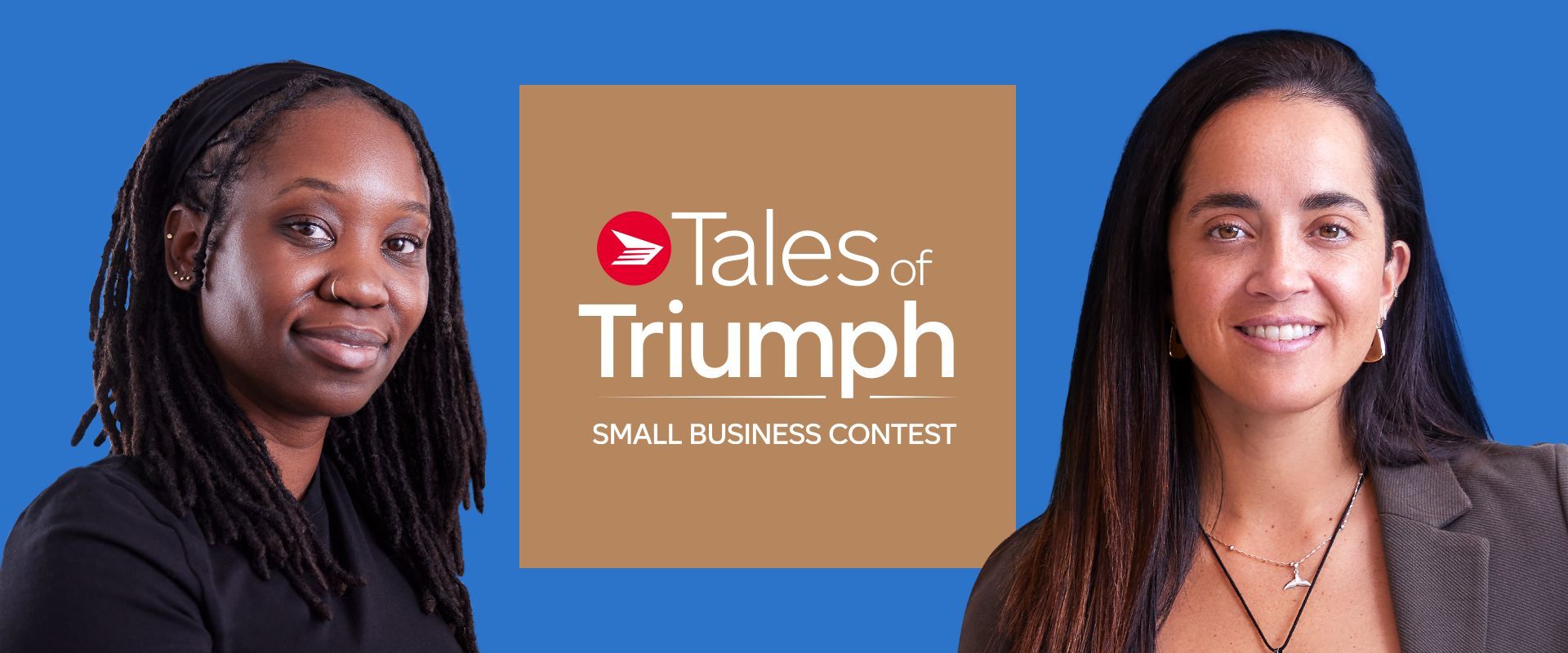 Two women are standing next to each other in front of a sign that says tales of triumph