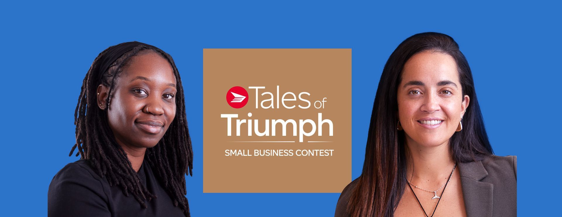 Two women are standing next to each other in front of a sign that says tales of triumph