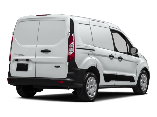 The back of a white ford transit connect van on a white background.