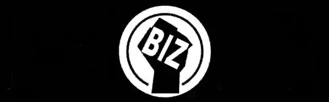 A black and white logo for biz with a fist in a circle.