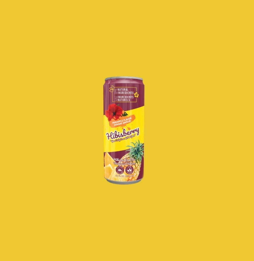 A can of hibiscus pineapple juice on a yellow background.