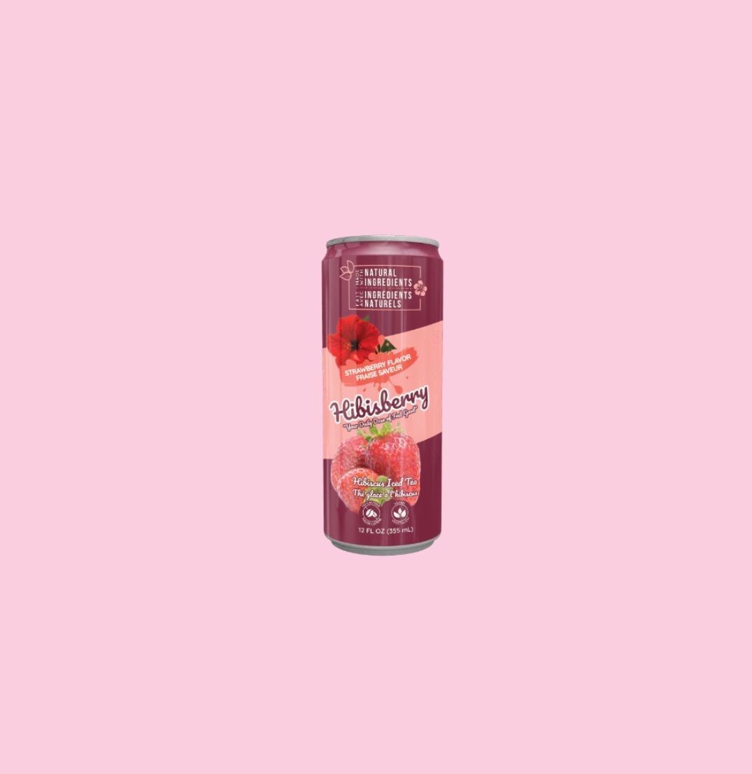 A can of strawberry soda on a pink background.