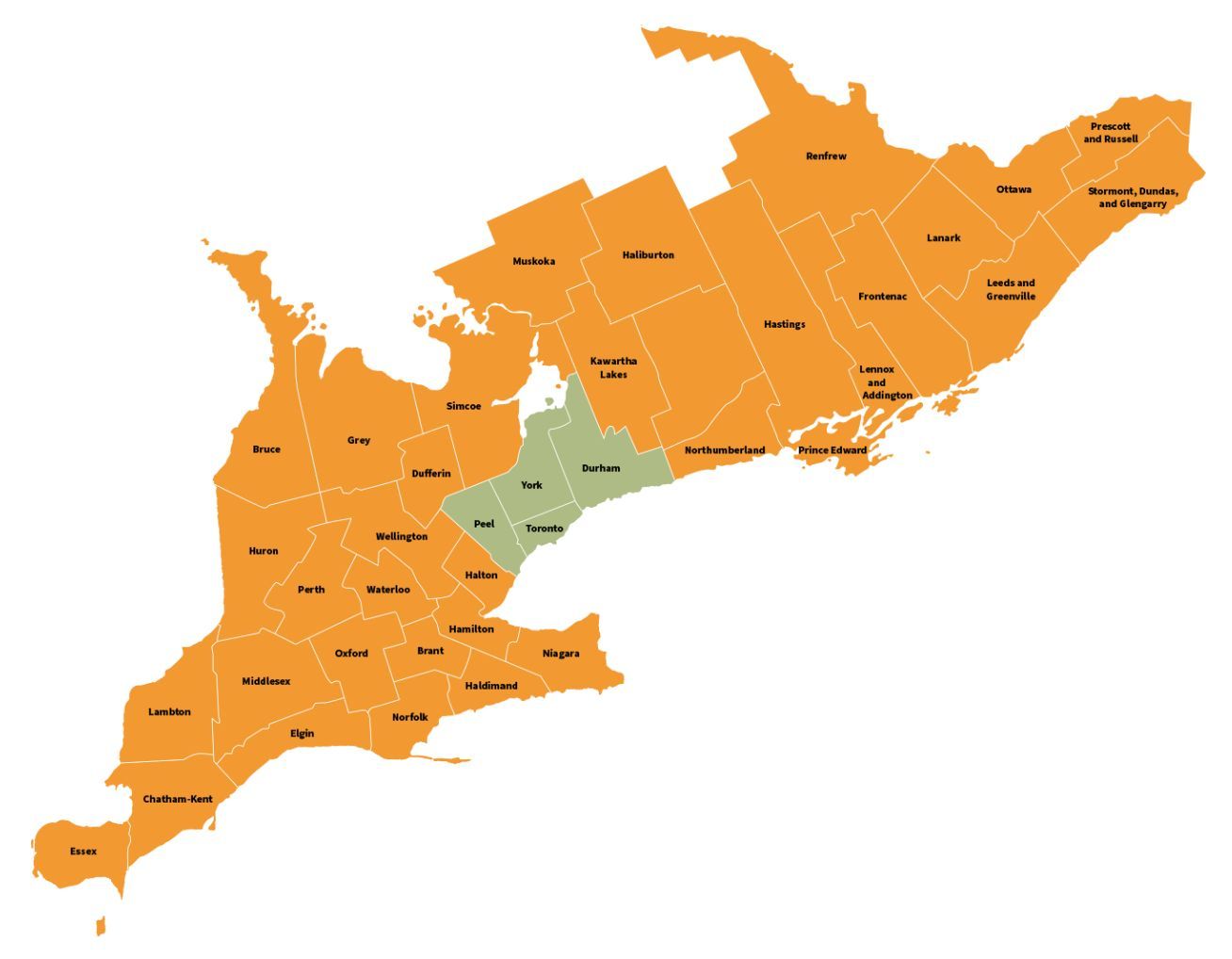A map of ontario with a green area in the middle