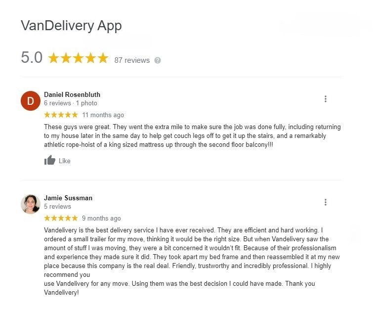 A screenshot of a review on the van delivery app.