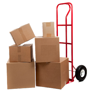 A red hand truck with boxes stacked on top of it