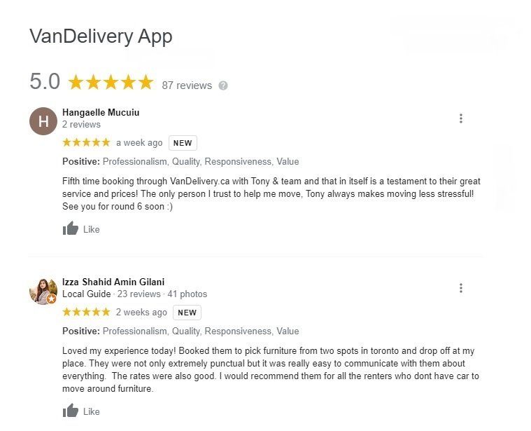 A screenshot of a review on the van delivery app.