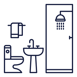 Bathroom icon with toilet, sink, and shower stall in dark blue outline on white background