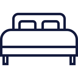 Simple navy outline icon of a bed on a white background