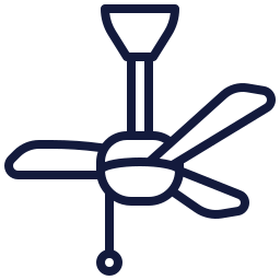 Line icon of a ceiling fan with pull chain, outlined in dark navy on a light background