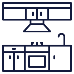 Simple navy line icons of a kitchen range hood above a stove and sink cabinet setup