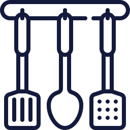 Three hanging kitchen utensils icon in dark blue: spatula, spoon, and slotted spatula.