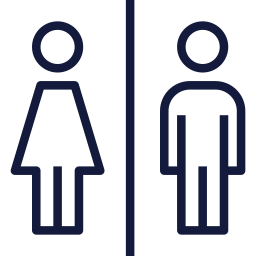 Female and male restroom symbols in dark blue outline on a white background