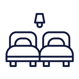 Two outlined beds with a ceiling lamp above, in dark blue line art