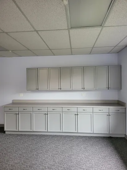 Freshly painted white kitchen cabinets