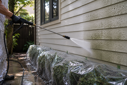 Pressure washing removing dirt from home siding