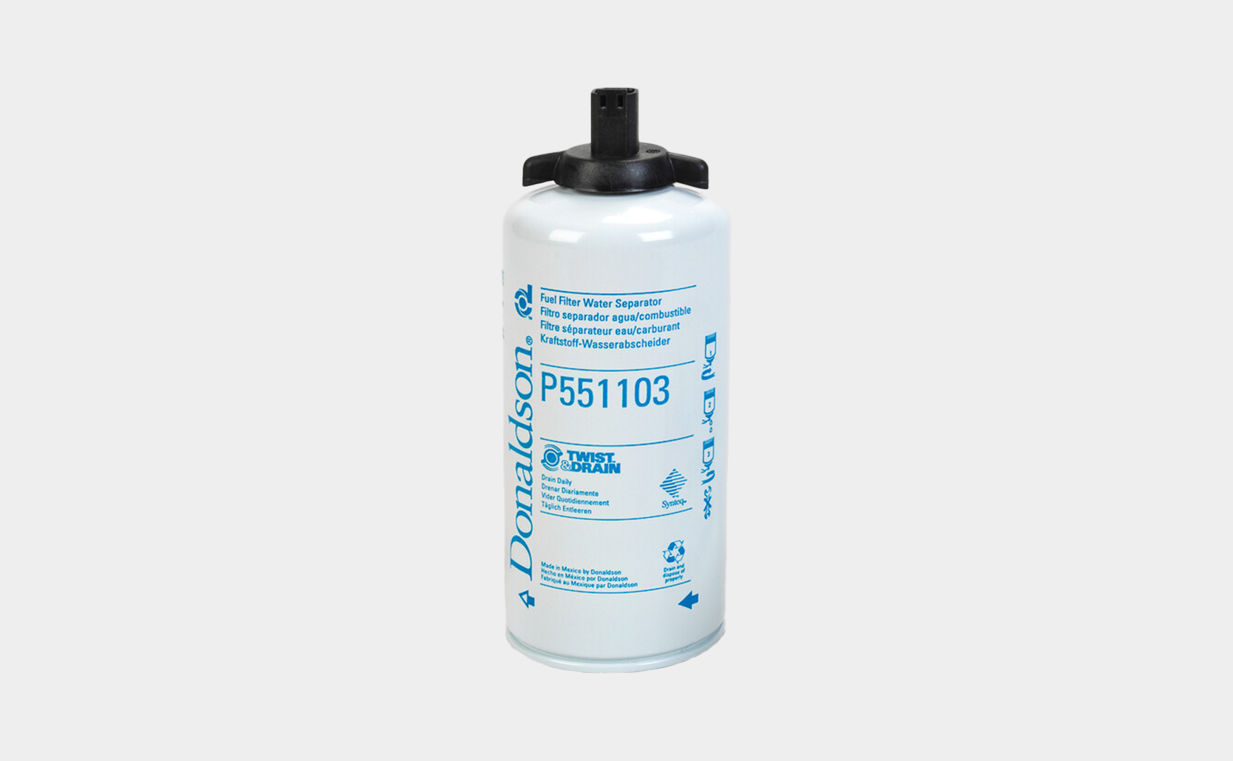 Donaldson water filter featuring blue text on a plain light grey background.