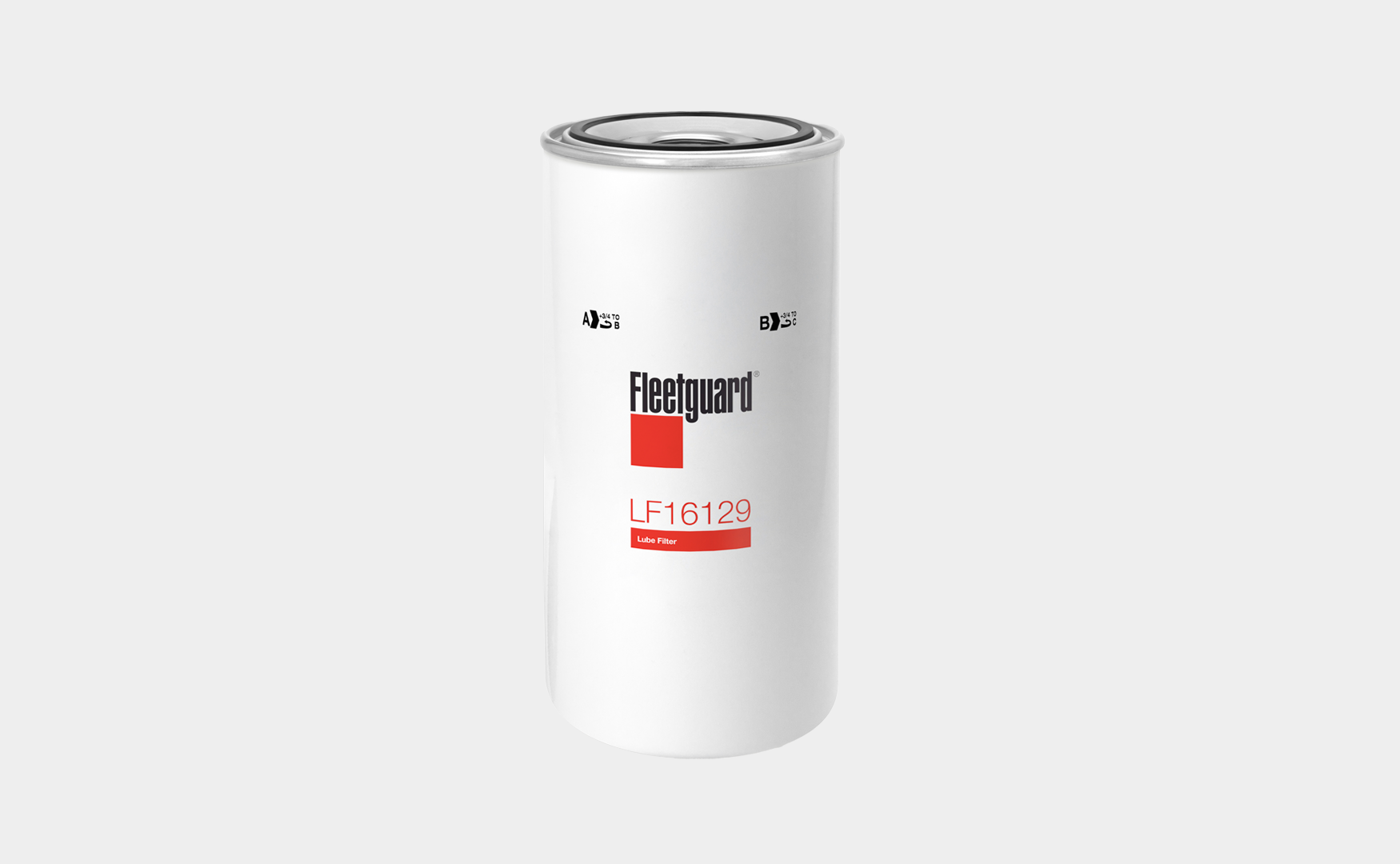 Fleetguard oil filter featuring a white and red design on a plain light grey background.