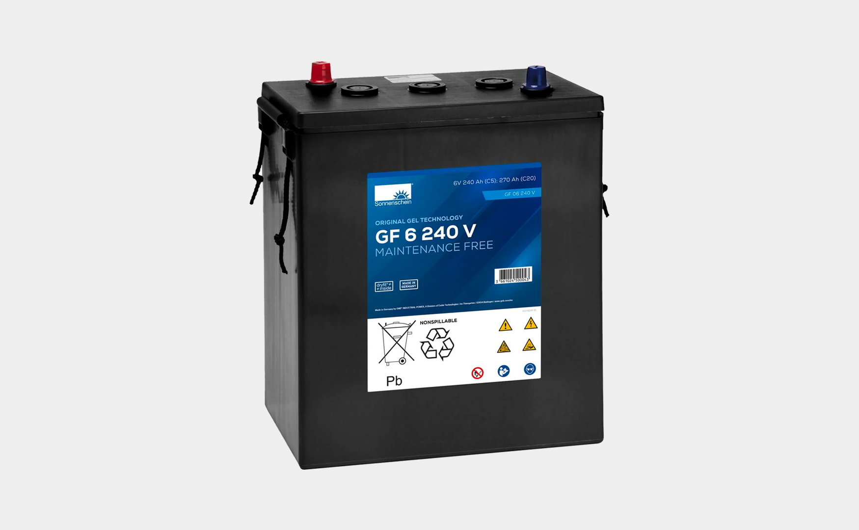 A black, gel-based VRLA, maintenance-free Sonnenschein battery labelled