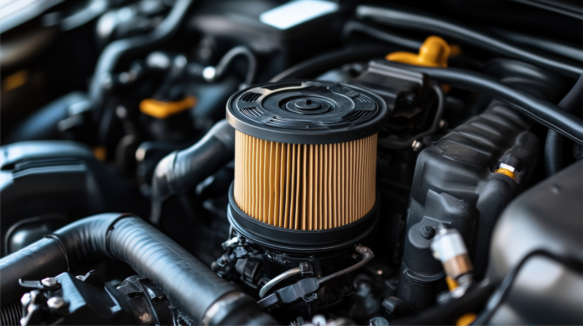 Car engine image displaying a filter, emphasising a wide selection of Fleetguard, Mann+Hummel, Donaldson, and OEM brands available.