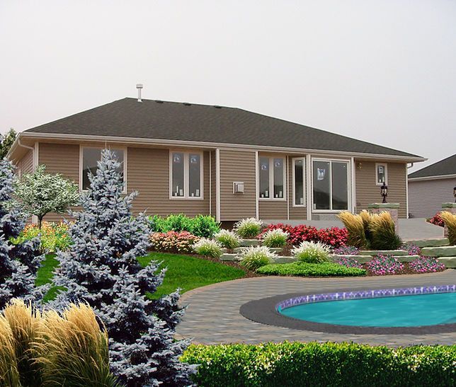 a house with a swimming pool in front of it