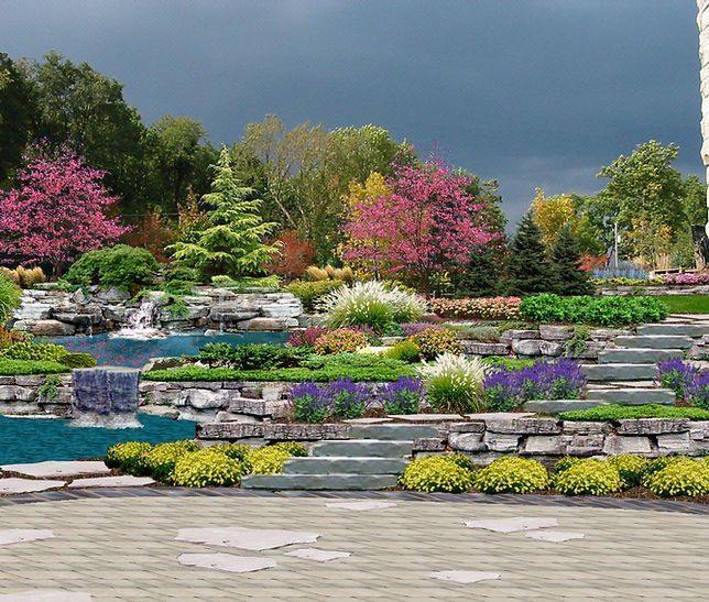 an artist 's impression of a garden with a waterfall and stairs .