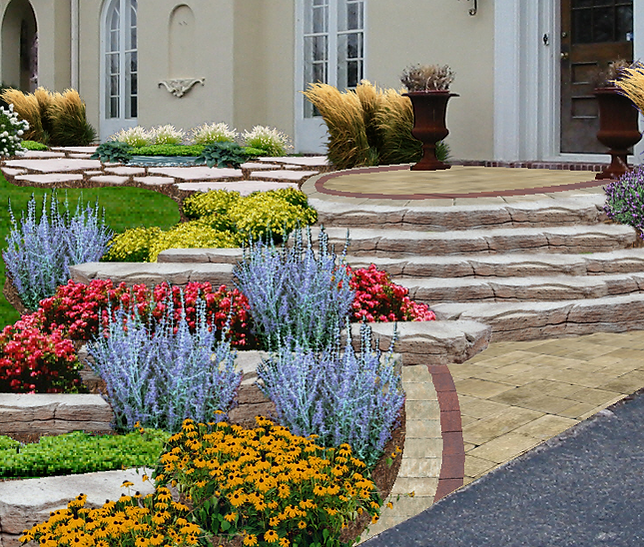 a house with stairs and flowers in front of it