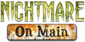 Nightmare on Main logo: Green circle with cracked, dark background. Gold text. Rusty sign: