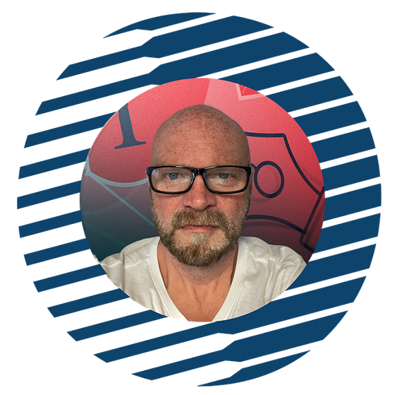 Portrait of a Andy with glasses on a blue striped circular background