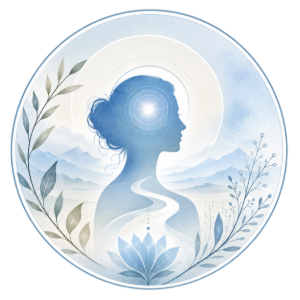 Blue silhouette with glowing head, surrounded by leaves and a lotus in a soft circular landscape