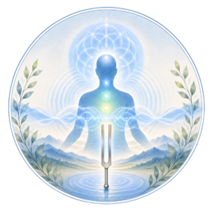 Blue glowing meditating figure with halo, centered over a lotus and landscape within a circular frame